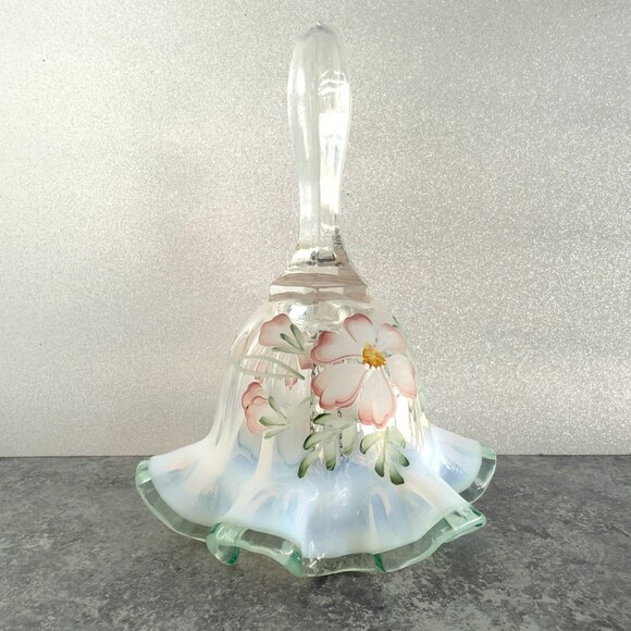 Fenton Opalescent Meadow Beauty Green Crest Hand-painted Bell 6.5” - Picture 1 of 6